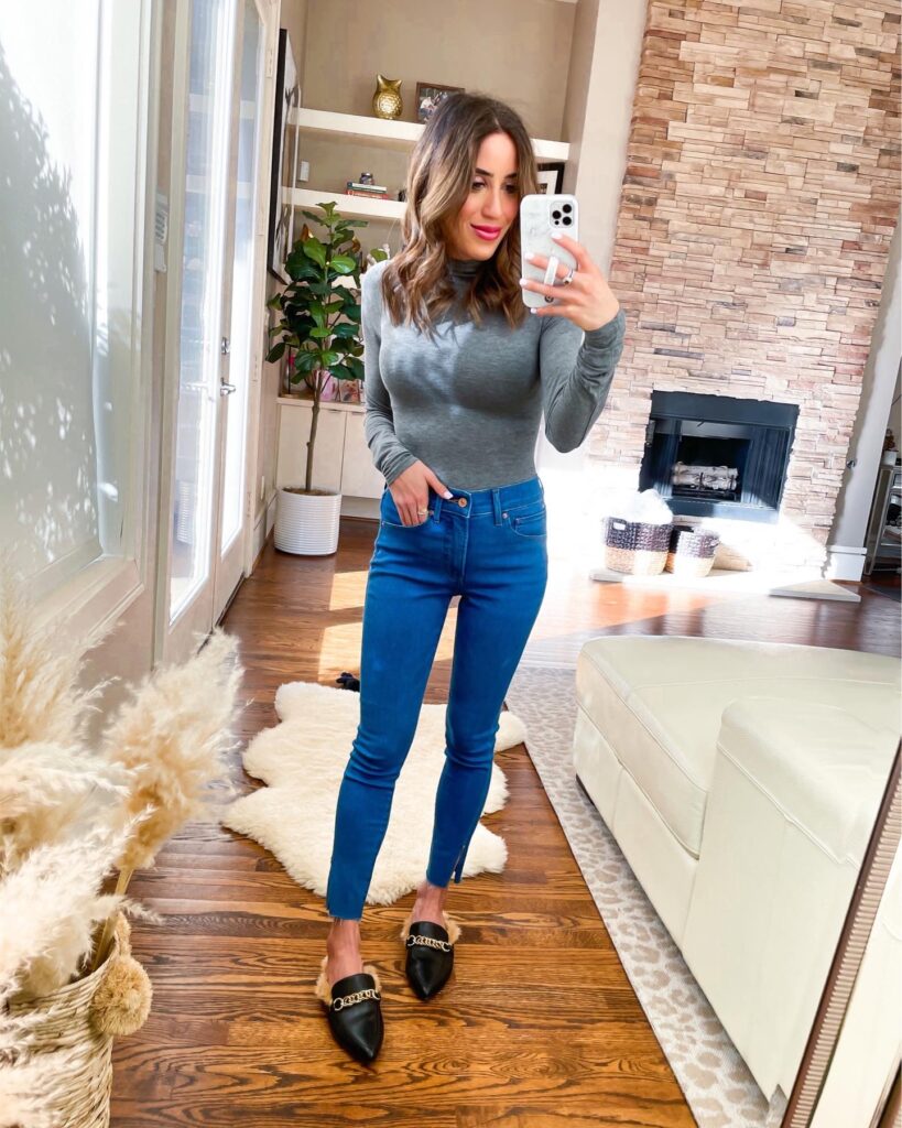 lifestyle and fashion blogger alexis belbel sharing her favorite petite jeans from express and some cozy sweaters and bodysuits you can pair with them | adoubledose.com