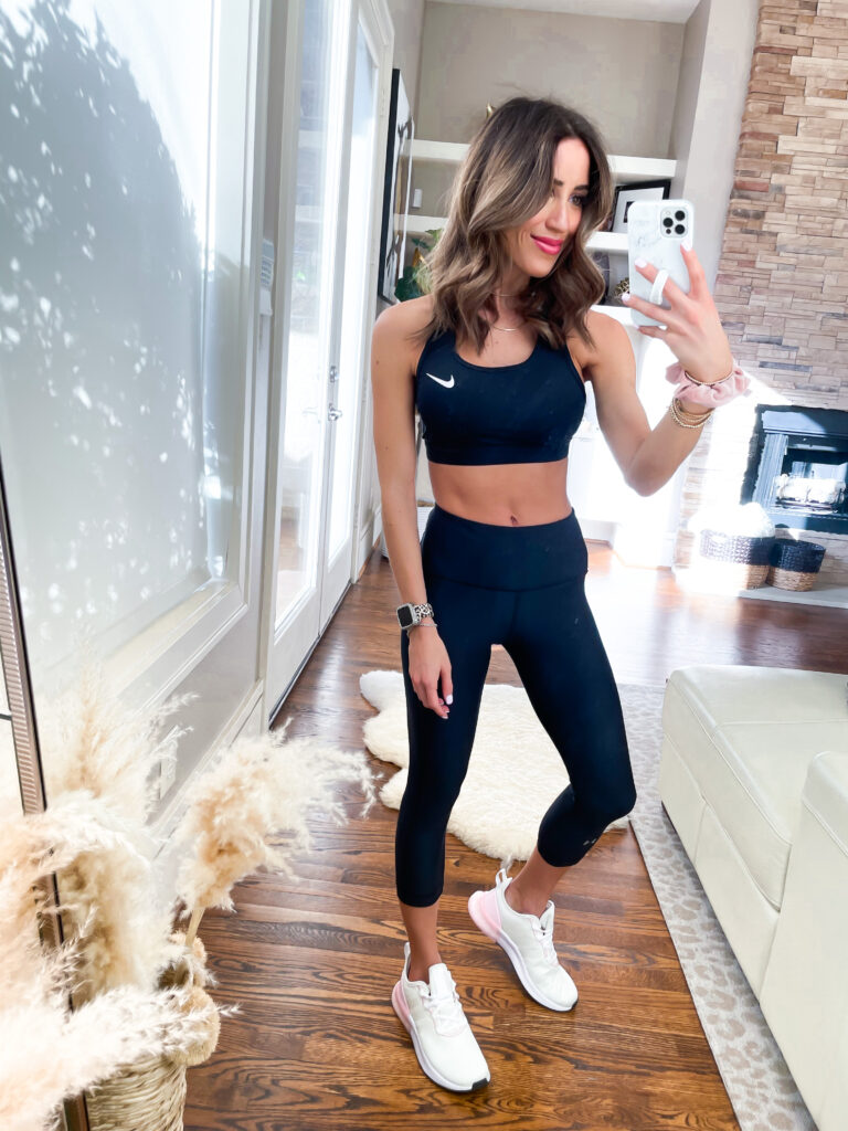 lifestyle and fashion blogger alexis belbel sharing an at home full body workout with dumbbells with a nike outfit from Academy Sports and Outdoors | adoubledose.com