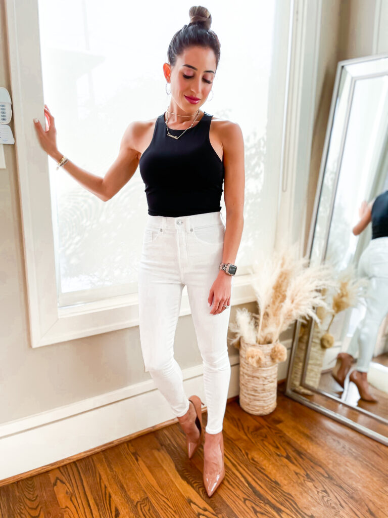 lifestyle and fashion bloggers alexis and samantha belbel are sharing 8 looks from Express to wear for spring, including white jeans, work looks, wedding guest outfits | adoubledose.com